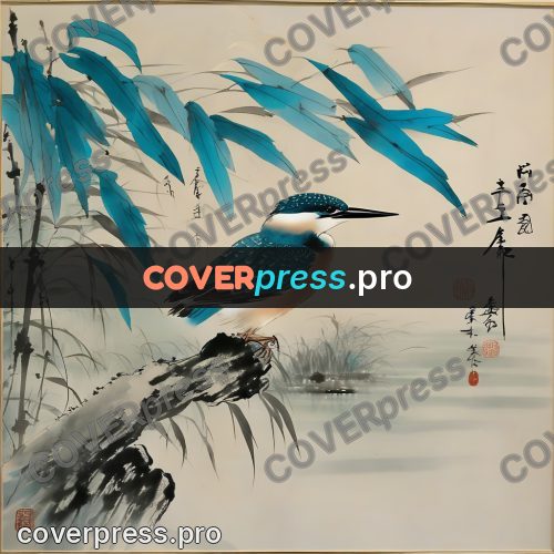 Ink wash drawing: kingfisher on a reed
