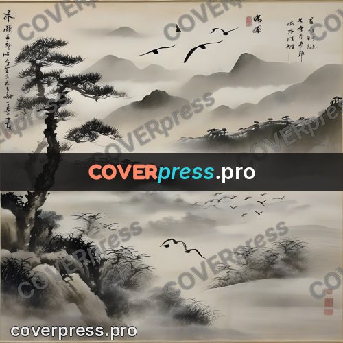 Ink wash drawing: flock of birds above a river