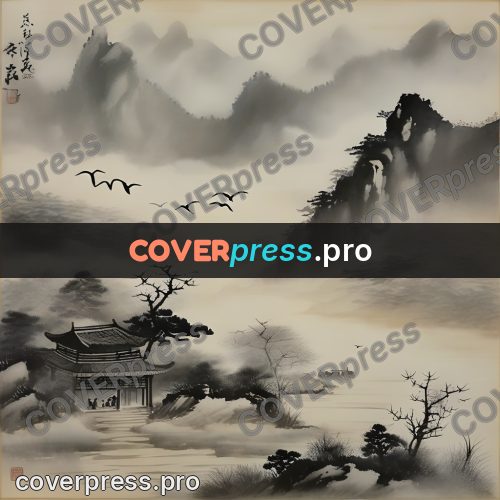 Ink wash drawing: flock of birds above a river