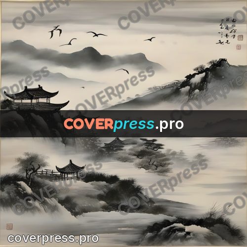 Ink wash drawing: flock of birds above a river