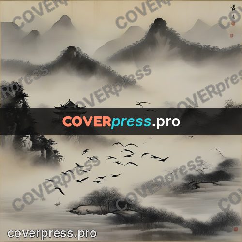 Ink wash drawing: flock of birds above a river