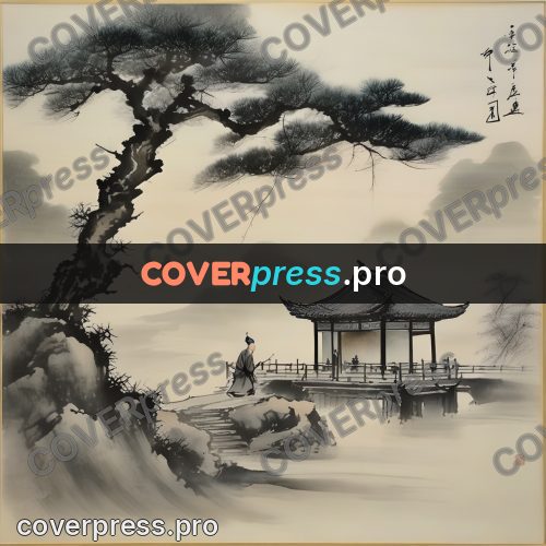 Ink wash drawing: pine and pavilion by water