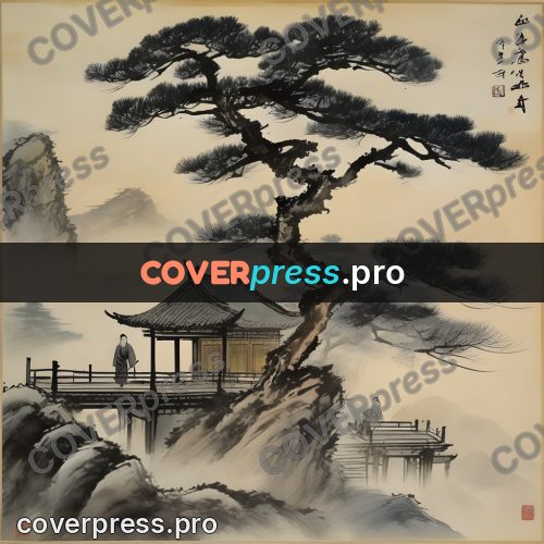 Ink wash drawing: pine and pavilion by water