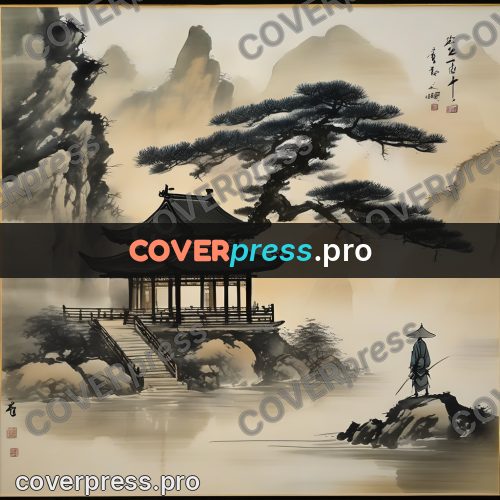 Ink wash drawing: pine and pavilion by water