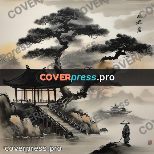 Ink wash drawing: pine and pavilion by water
