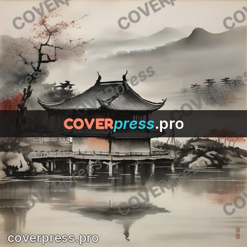 Ink wash drawing: pavilion with red walls