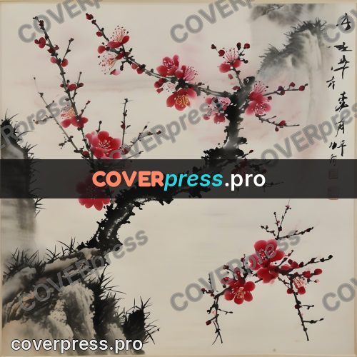 Ink wash drawing: plum branch in red blossom