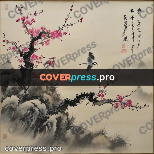 Ink wash drawing: plum tree by the rocks