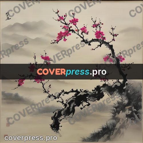 Ink wash drawing: plum tree by the rocks