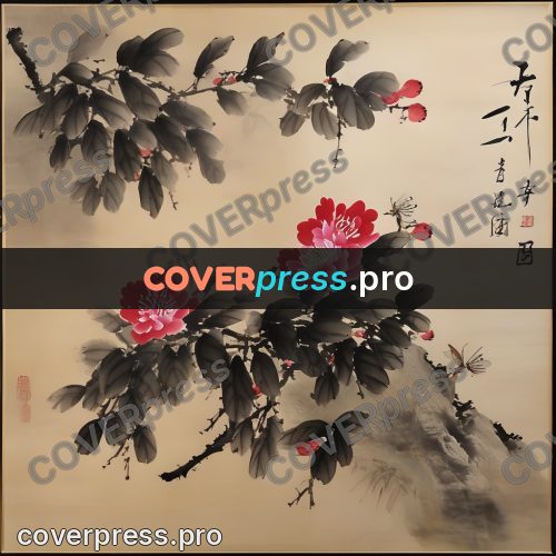 Ink wash drawing: flowers and leaves on a branch
