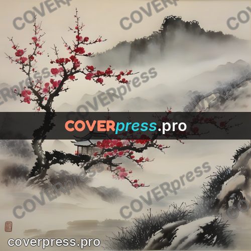 Ink wash drawing: plum tree by a mountain house