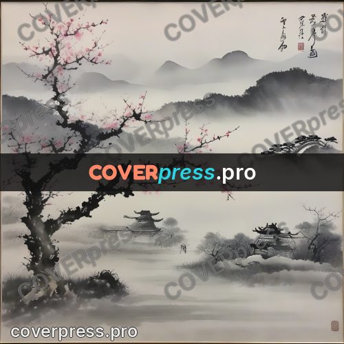 Ink wash drawing: blossoming tree above a valley