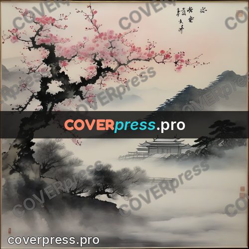 Ink wash drawing: blossoming tree above a valley
