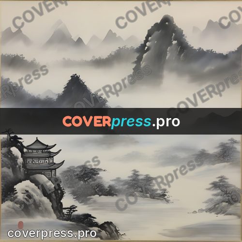 Ink wash drawing: mountain ridges in mist