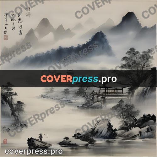 Ink wash drawing: river between hills with a pavilion