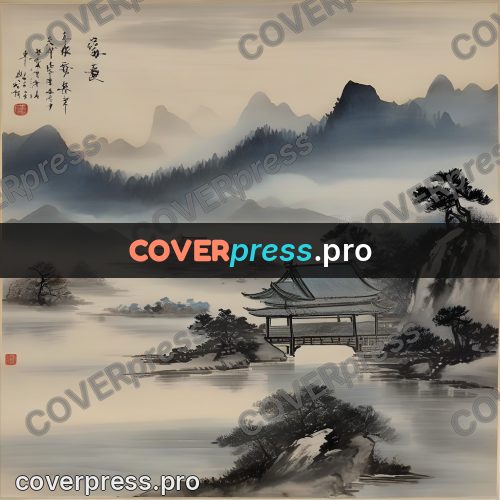 Ink wash drawing: river between hills with a pavilion