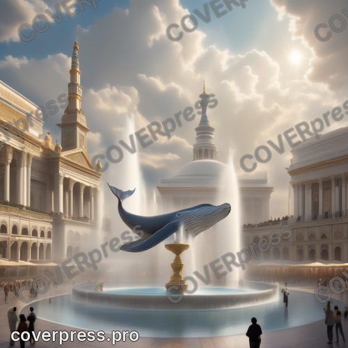 В стиле Кинорендер арт-3D: кит парит над центральной площадью, его брюхо едва различимо сквозь рассеивающиеся облака