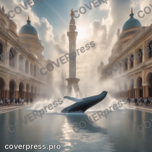 В стиле Кинорендер арт-3D: кит парит над центральной площадью, его брюхо едва различимо сквозь рассеивающиеся облака