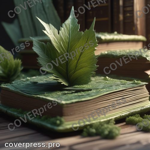 В стиле Кинорендер арт-3D: корешки книг, сросшиеся в тёплую древесную массу с кольцами годовых слоёв