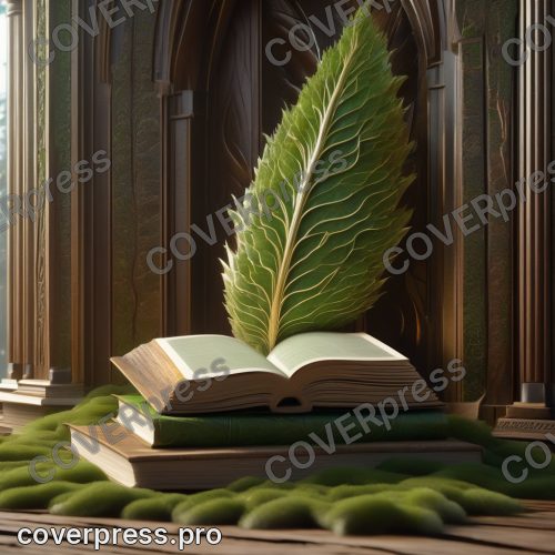 В стиле Кинорендер арт-3D: корешки книг, сросшиеся в тёплую древесную массу с кольцами годовых слоёв