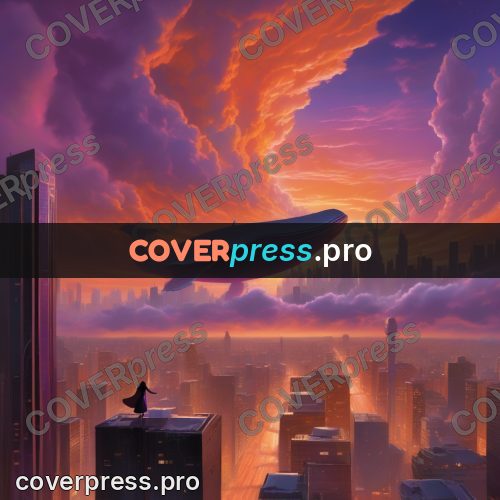 Digital illustration: whale above an evening city