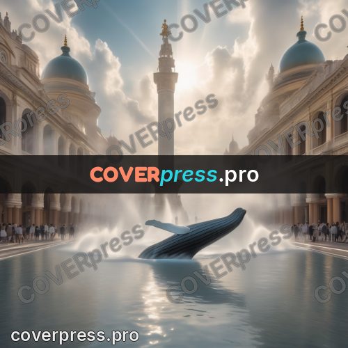 Digital illustration: whale in a city fountain
