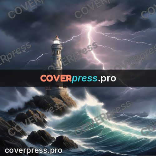 Digital illustration: lighthouse in a thunderstorm