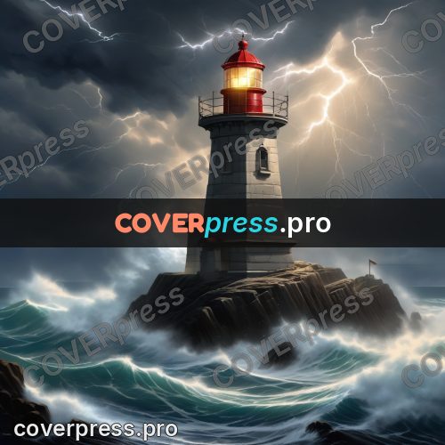 Digital illustration: lighthouse in a thunderstorm