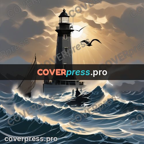 Digital illustration: dark lighthouse above rough sea