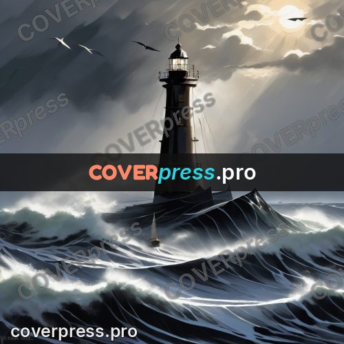 Digital illustration: dark lighthouse above rough sea