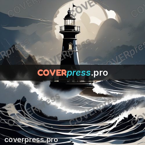 Digital illustration: dark lighthouse above rough sea