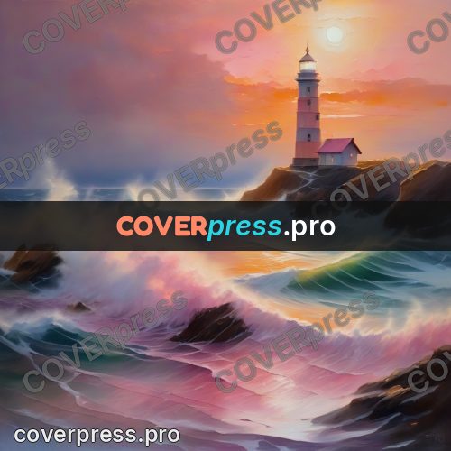 Digital illustration: lighthouse on a rock at sunset