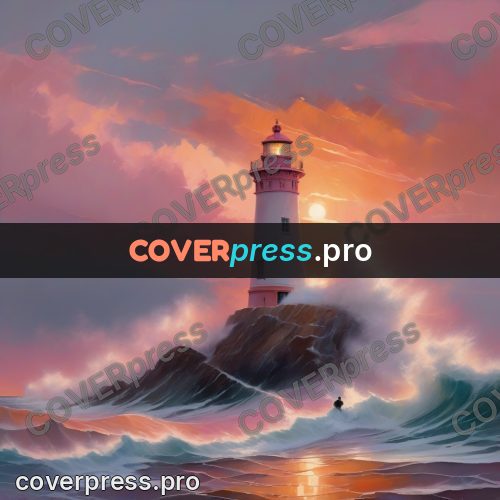 Digital illustration: lighthouse on a rock at sunset