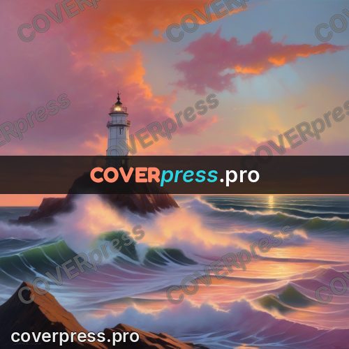 Digital illustration: lighthouse on a rock at sunset