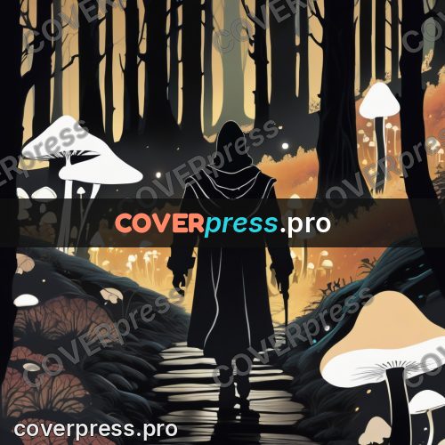Digital illustration: traveller among giant mushrooms