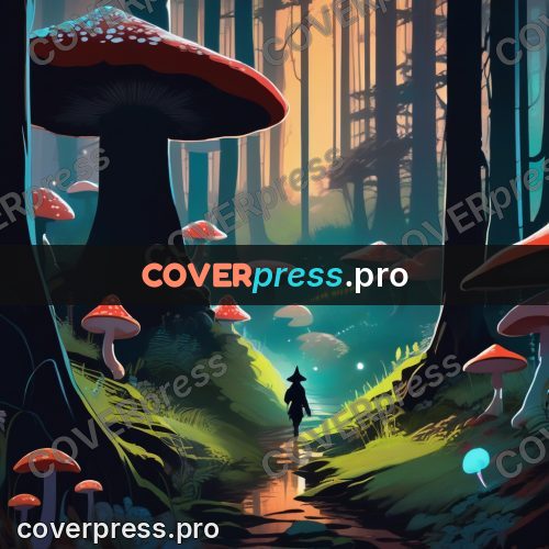 Digital illustration: traveller among giant mushrooms