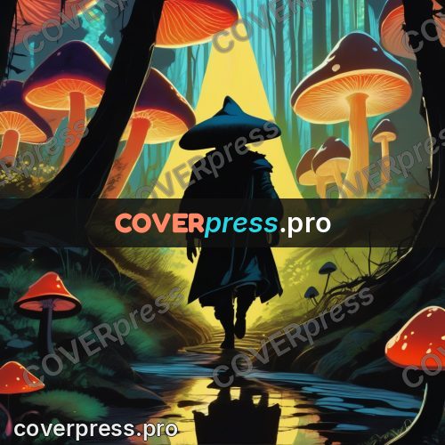 Digital illustration: traveller among giant mushrooms