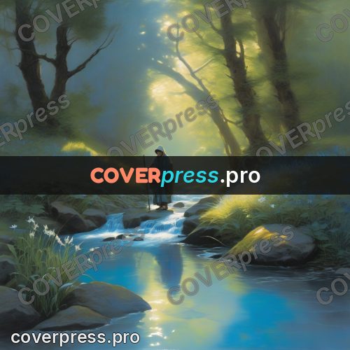 Digital illustration: traveller by a forest stream