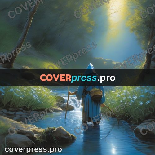 Digital illustration: traveller by a forest stream