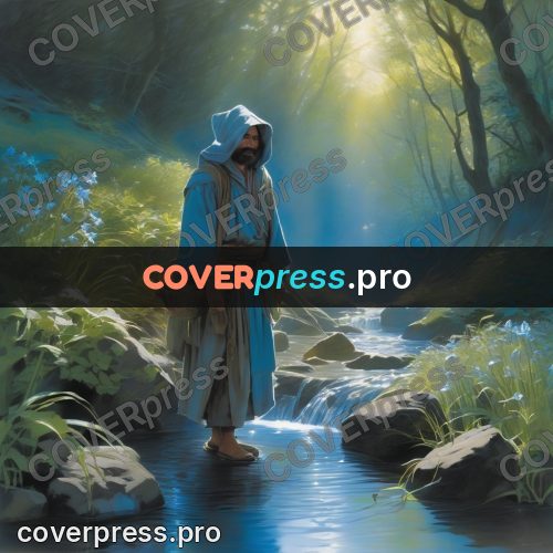 Digital illustration: traveller by a forest stream