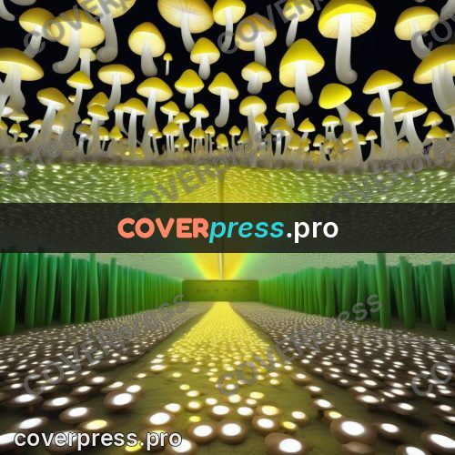 Digital illustration: field of yellow mushrooms