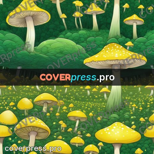 Digital illustration: field of yellow mushrooms