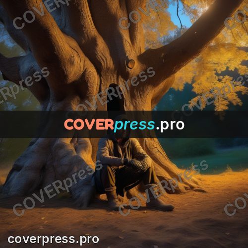 Digital illustration: man sitting by an old tree