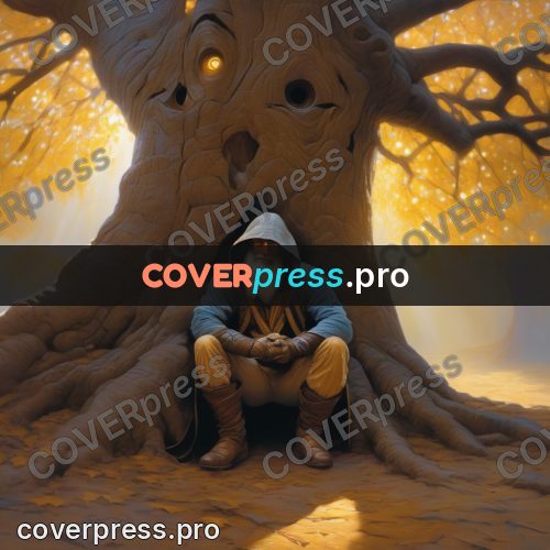 Digital illustration: man sitting by an old tree