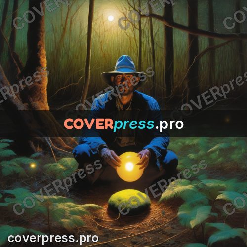 Digital illustration: man near a glowing orb