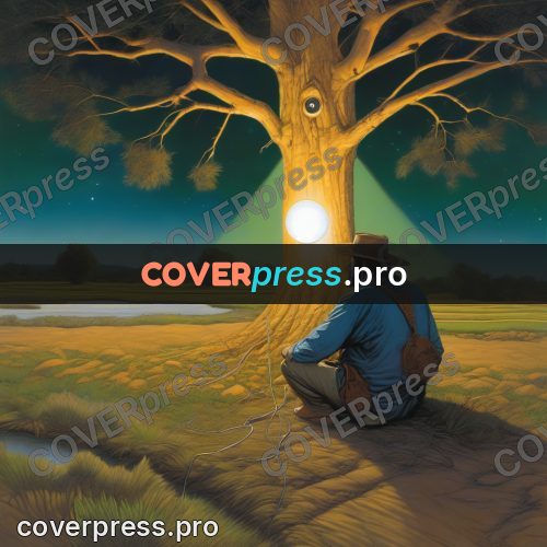 Digital illustration: man near a glowing orb