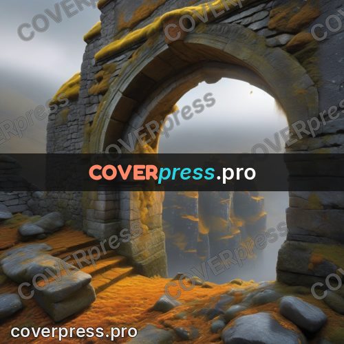 Digital illustration: stone gate in the fog