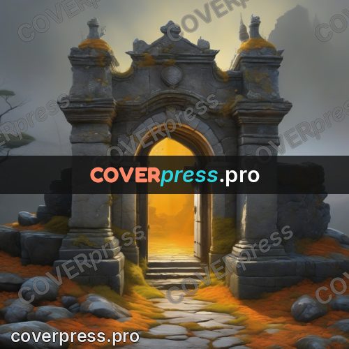 Digital illustration: stone gate in the fog