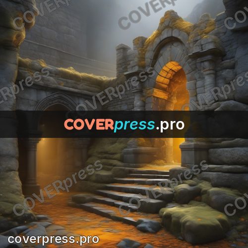 Digital illustration: stone gate in the fog