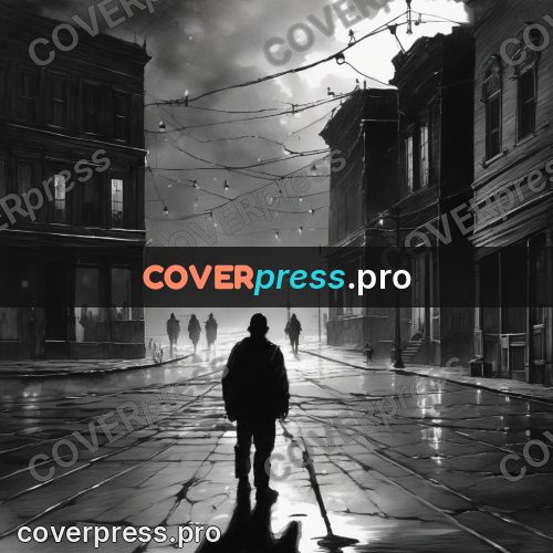 Digital illustration: night street with street lamps